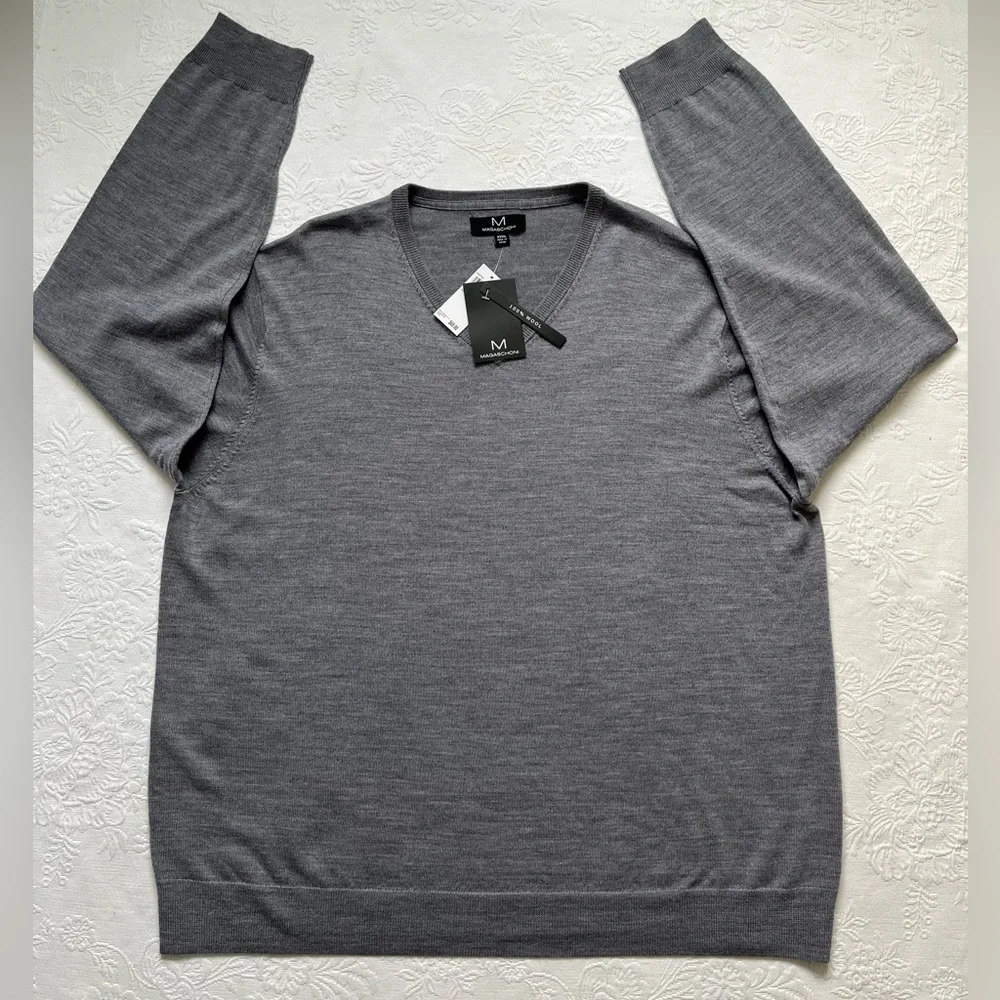 NWT M MAGASCHONI Wool Men’s V- Neck Sweater Pullover Gray XXXL Base Layer